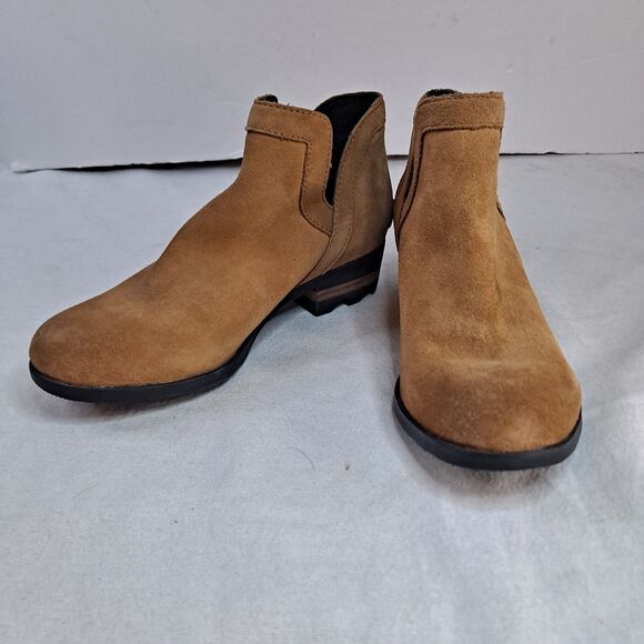 Sorel Lolla Women's Cut Out Booties Sz 6.5 Camel Brown Suede Slip On Ankle Boots - Picture 1 of 12